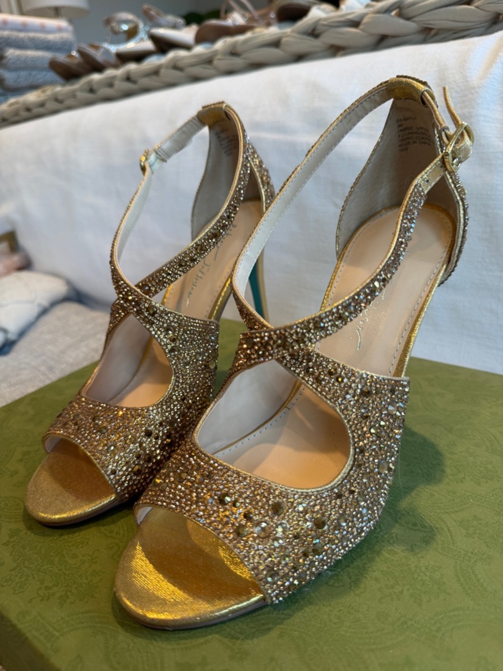 LIKE NEW Betsey Johnson Bayli Gold Crystal Strappy Open-Toe Heels